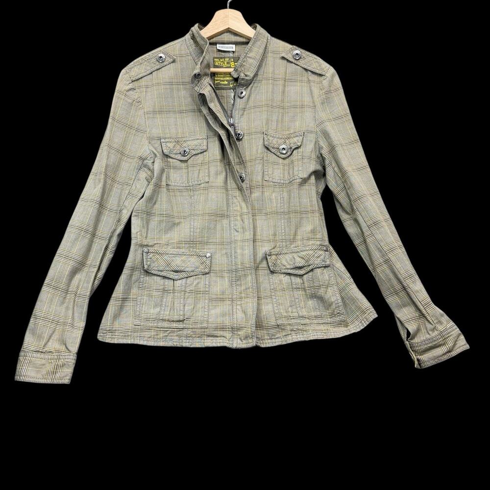 Street One Womens Plaid Military Jacket Sz L Olive Green Yellow Utility Unlined